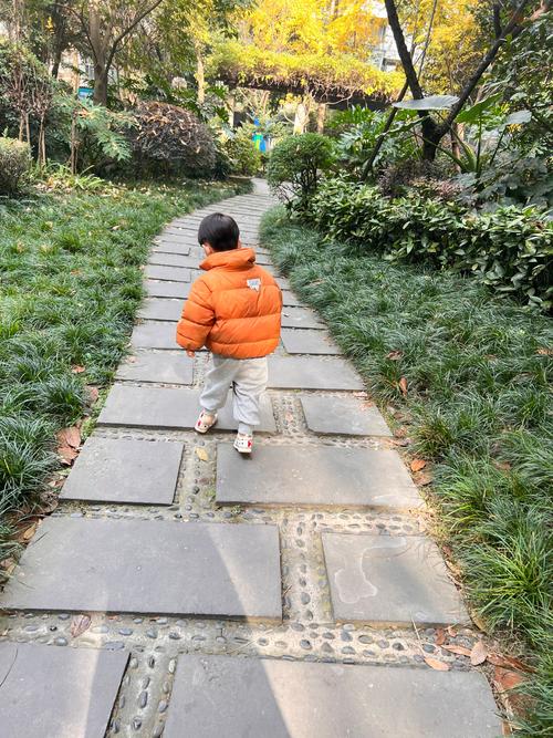 五岁小孩走城市公园鹅卵石步道