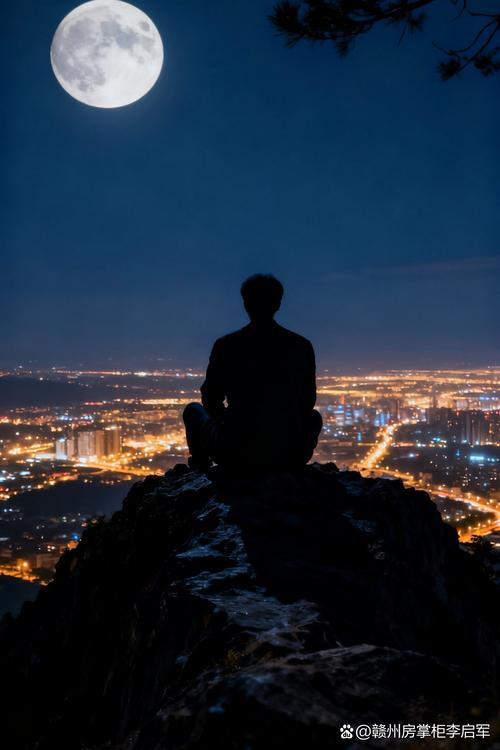 城市夜景,一个人站在天台上仰望星空