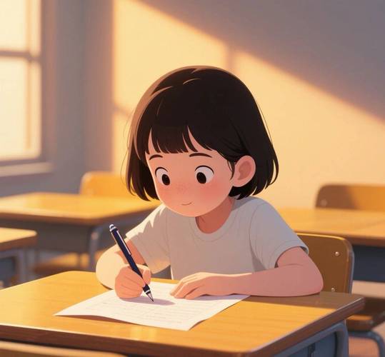 一个学生看着考砸的数学卷子,却深呼吸露出平静微笑的写实照片