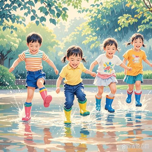 雨后的小女孩穿着雨靴开心地在泥水坑里跳