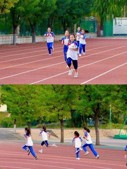 小学生在阳光操场跑步满头大汗