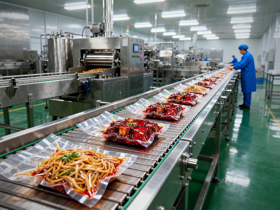 食品工厂预制菜真空包装机械生产线实拍