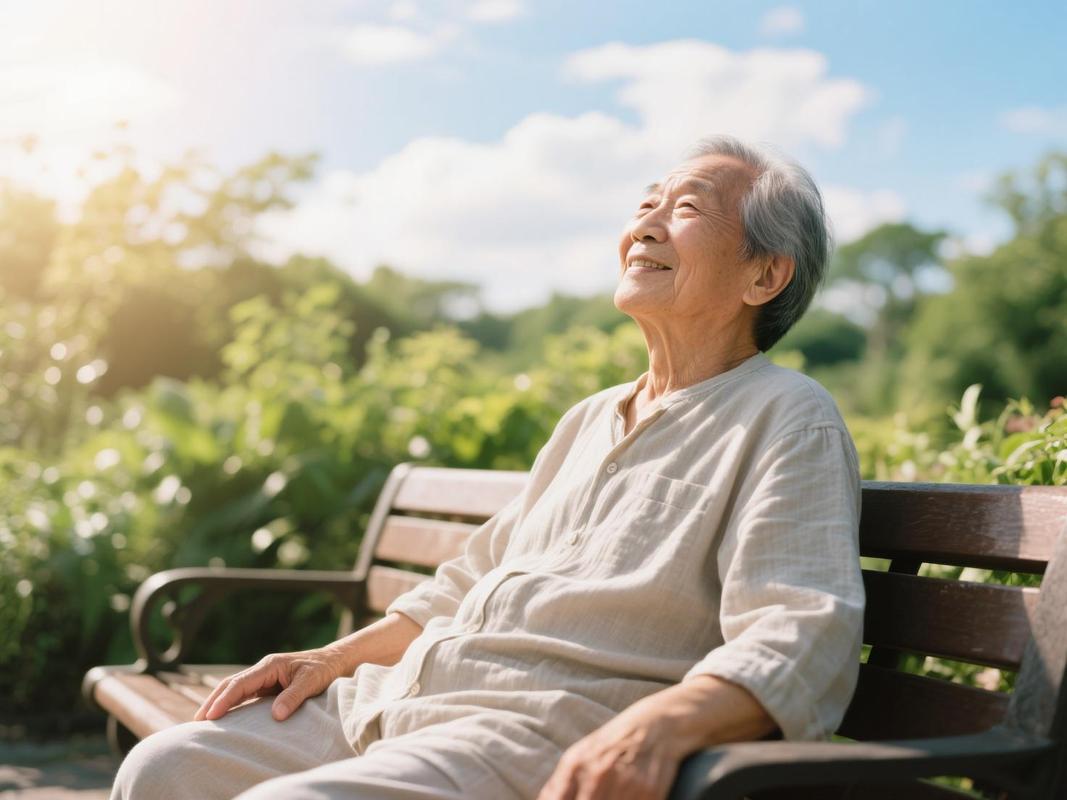晨起户外晒太阳养生场景图