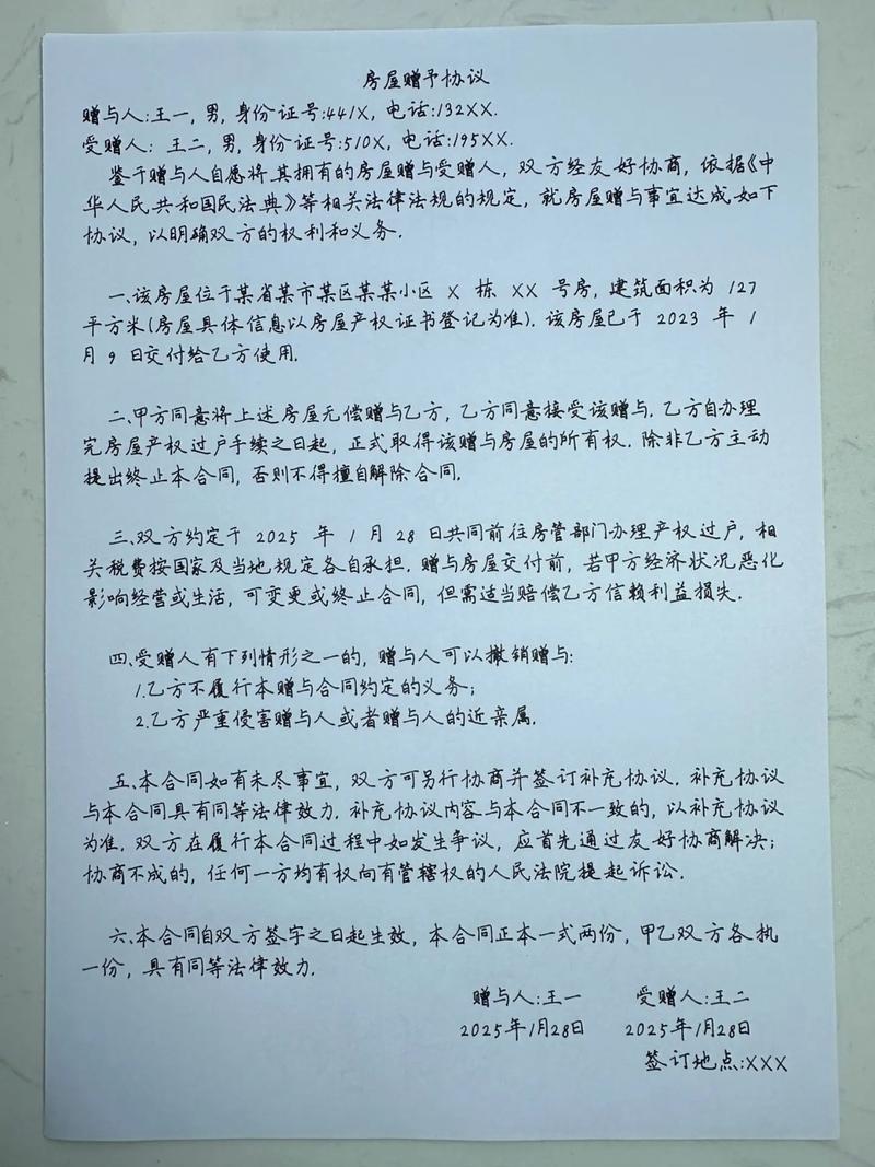 老人手写房屋赠与遗赠便签实拍