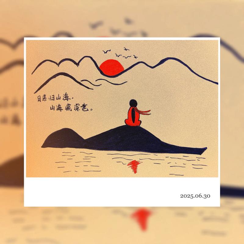 孩子对着夕阳说太阳落山是因为累了的诗意插画
