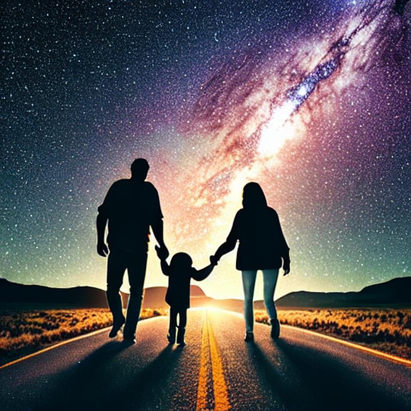 城市小区绿化带阴影里蹲着抬头看星星的亲子背影