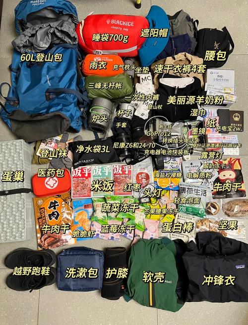户外徒步背包里的便携食物分类摆放
