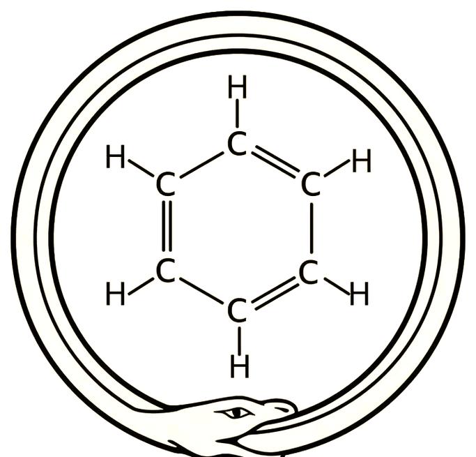 凯库勒梦见蛇咬尾巴发现苯环结构的绘画示意图