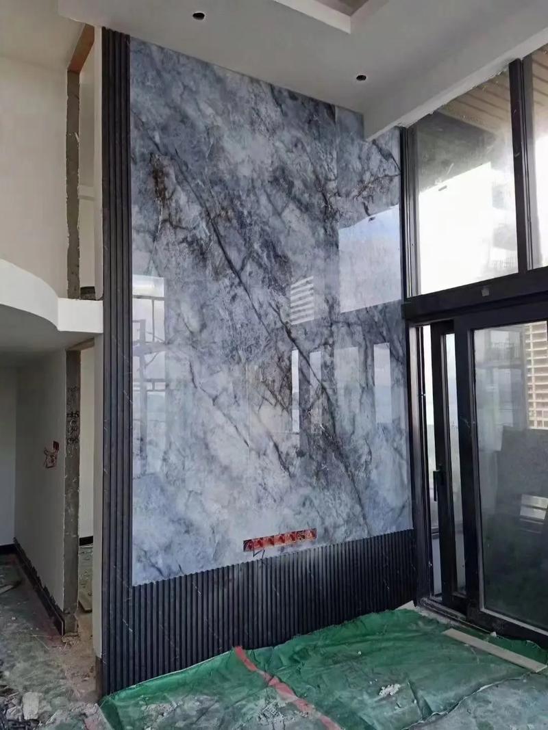 天然大尺寸蓝金沙石材背景墙家装实景