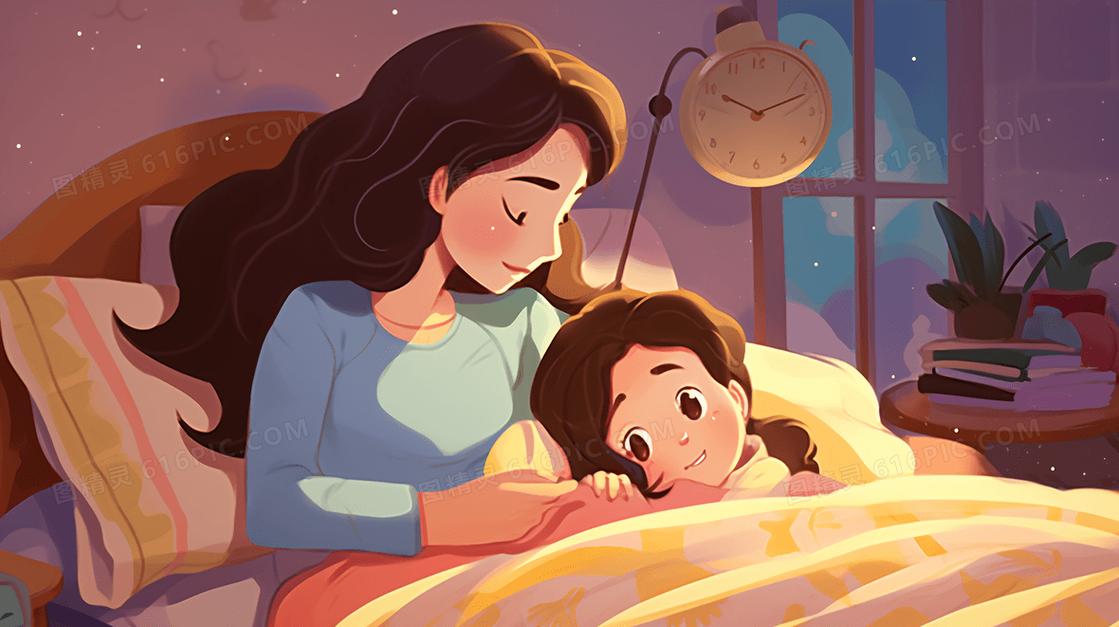 睡前故事时间母女讨论绘本问题的温馨插画