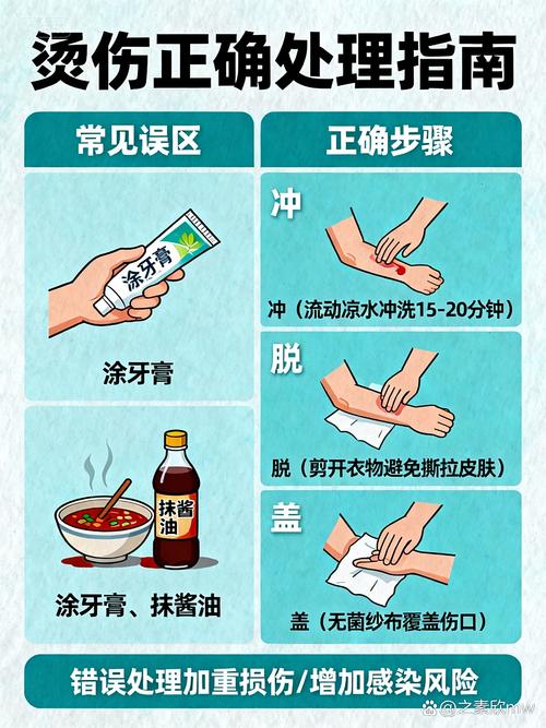 烧烫伤正确处理冲冷水示意图 不要抹牙膏酱油
