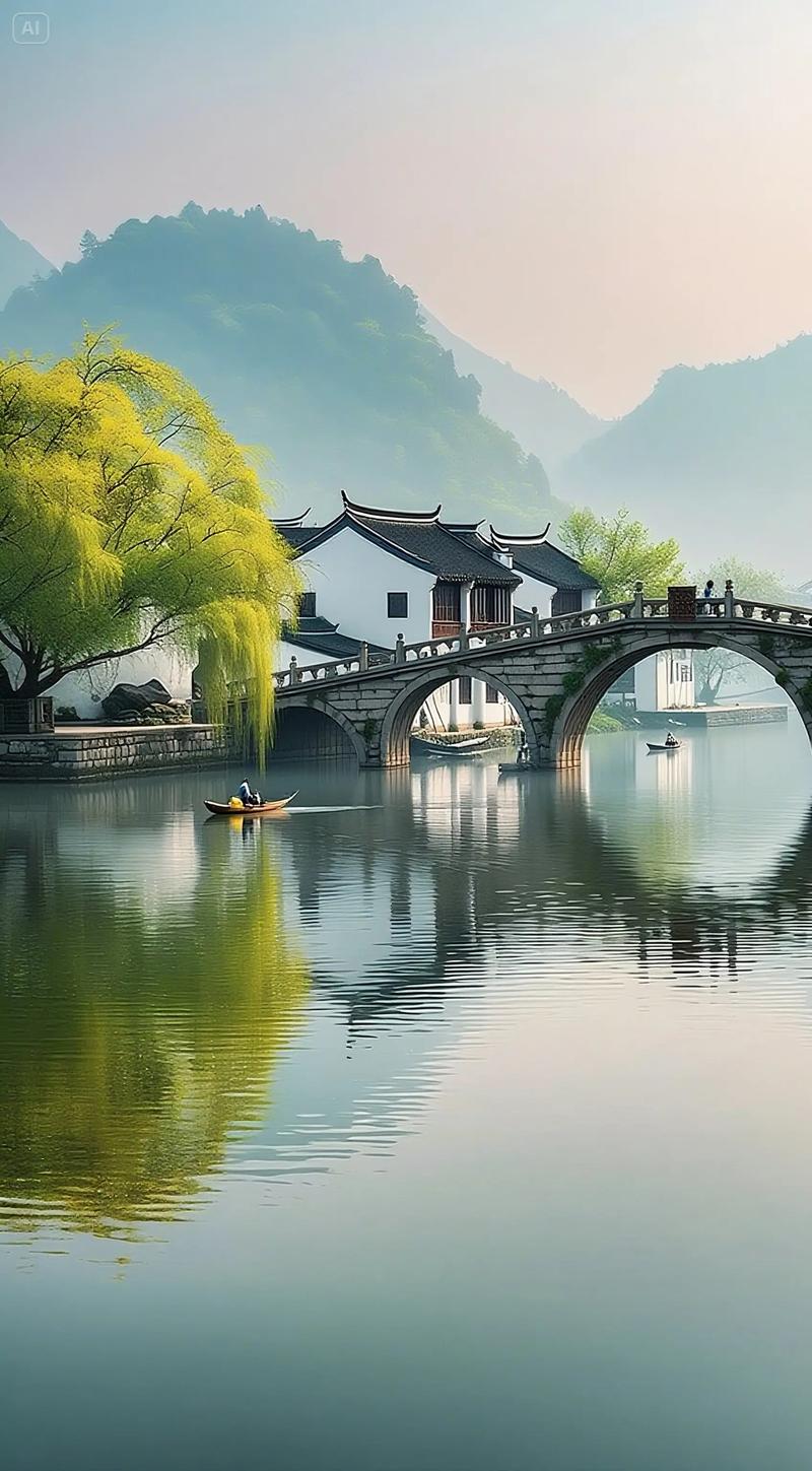 江南水乡古桥晨雾意境照片