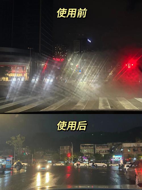 雨天汽车前挡风玻璃油膜散光视线实拍