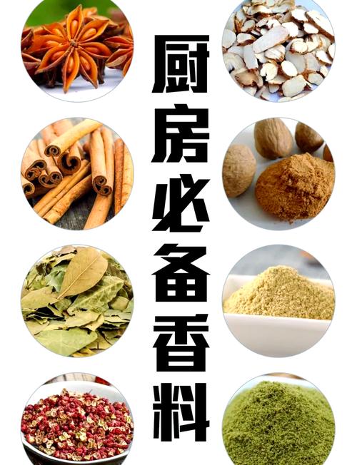 厨房常用香料瓶排列展示，包含孜然花椒八角