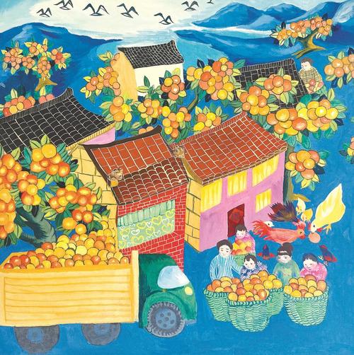 青阳乡村晒场上露天摆放的农民画作品展