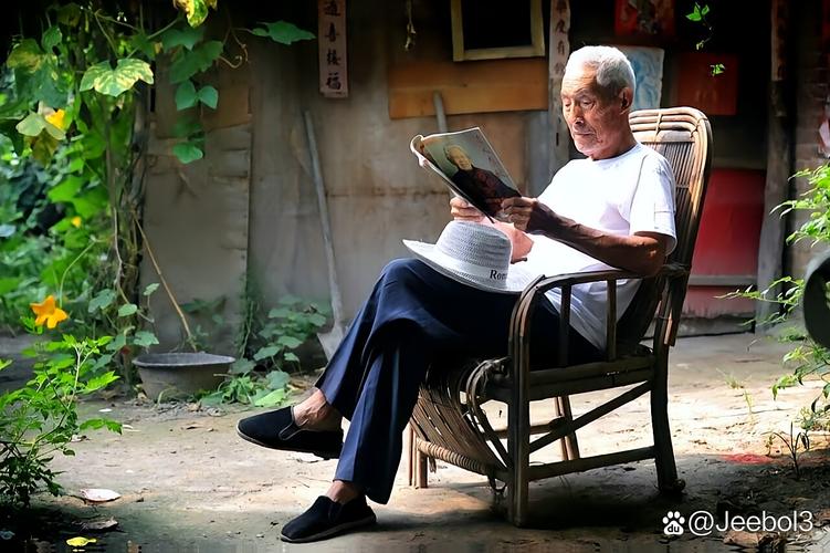 老院子藤椅上晒太阳喝茶的老人