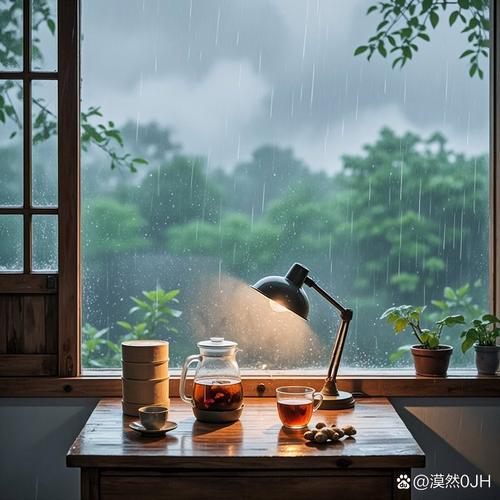 阴雨天窗边靠坐喝茶看书场景