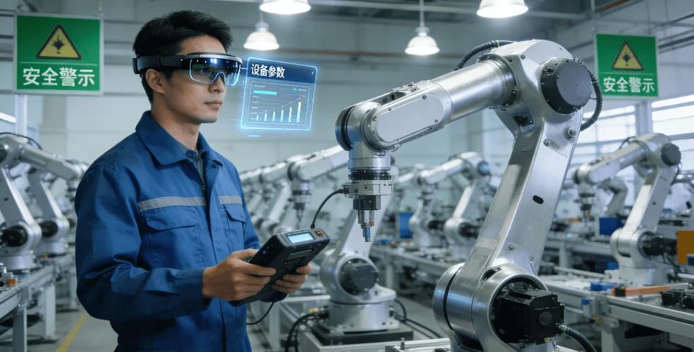 工业5.0人机协作产线工人使用增强现实眼镜