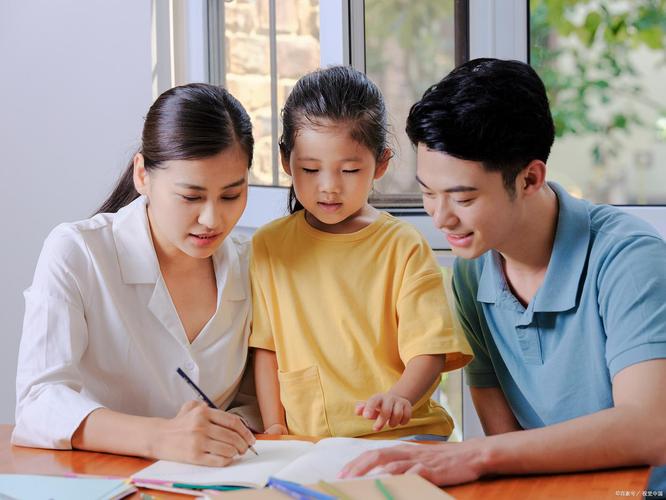 父母与孩子并肩学习探讨伙伴关系画面