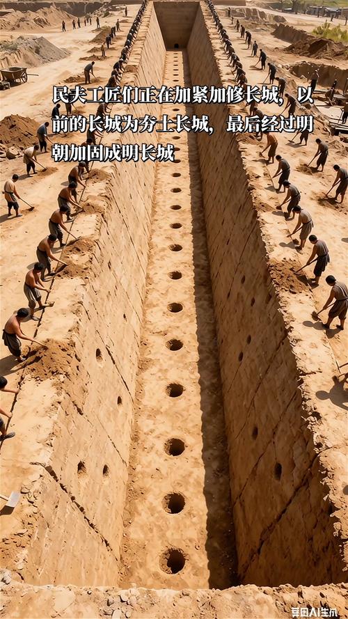 被破坏后修复中的明长城夯土遗址现场照