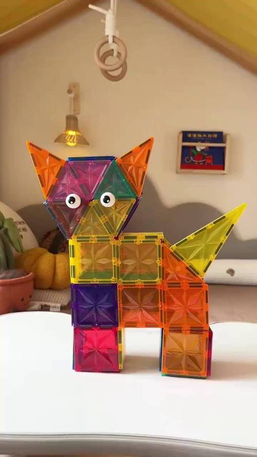儿童家用磁力片搭建小猫小床作品