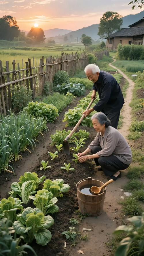 老人菜园摘菜正念放松日常场景