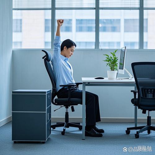 办公人员站着操作笔记本，一边踮脚尖的全身示意图