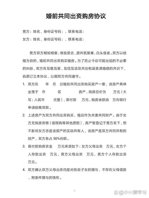 婚姻家庭法婚前共同出资买房协议样本