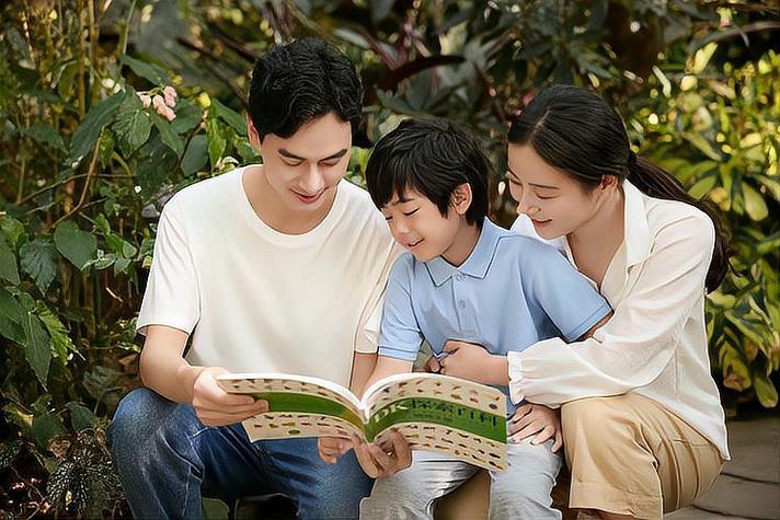 一家三口在公园草地上阅读绘本