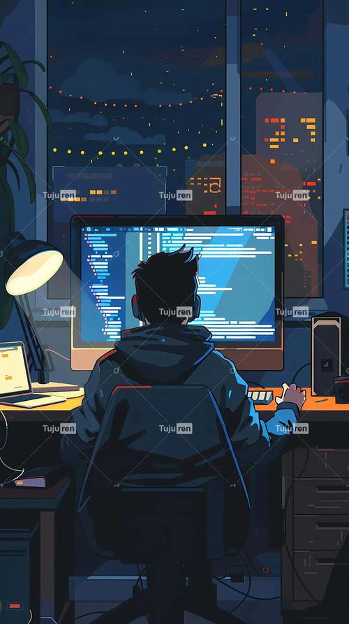 开源软件开发者熬夜维护项目代码插画图