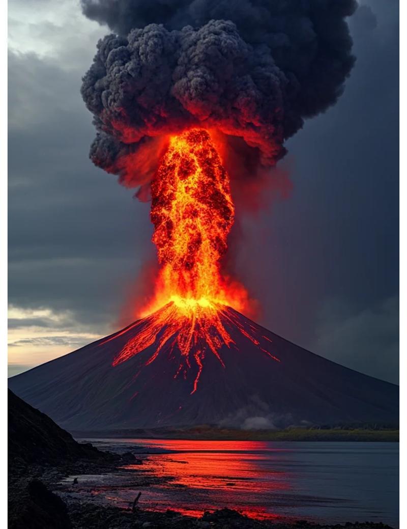 火山弹撞击火山口地面瞬间的慢动作摄影