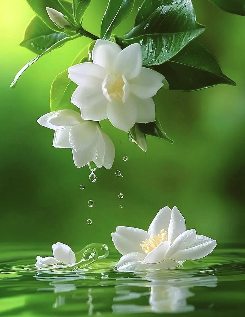 雨后阳台茉莉花瓣 沾着透明水珠