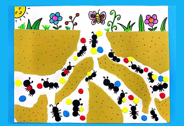孩子拿着小蜡笔在本子上画蚂蚁路线的手绘场景