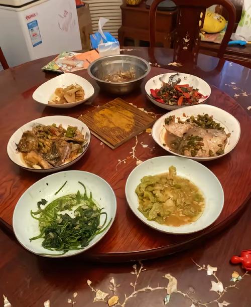 工人家庭餐桌上温着的留饭菜夜景图
