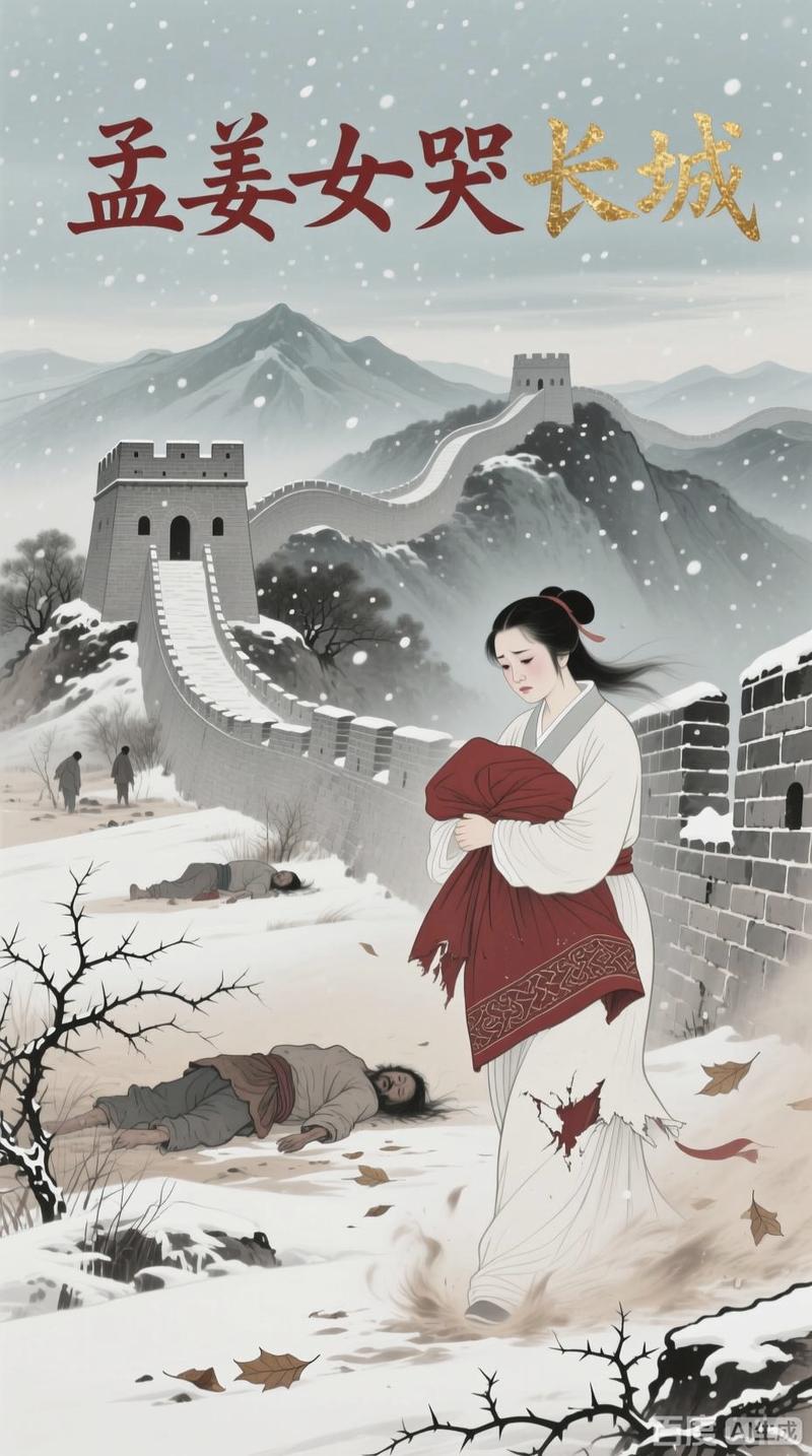 民间传说孟姜女哭长城明代木刻版画插图