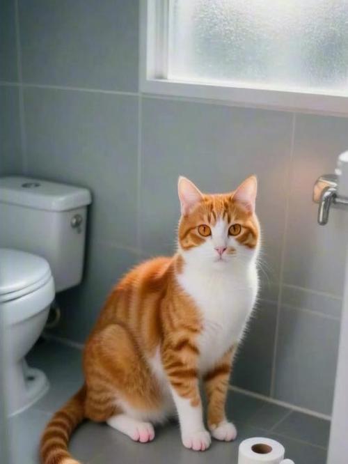 蹲在卫生间马桶旁盯着主人的橘猫