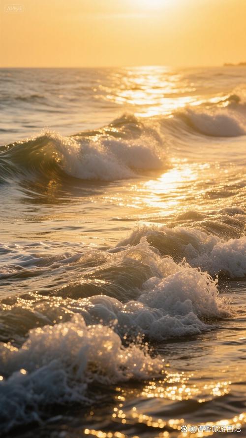 夕阳海浪涌上沙滩形成白色浪花