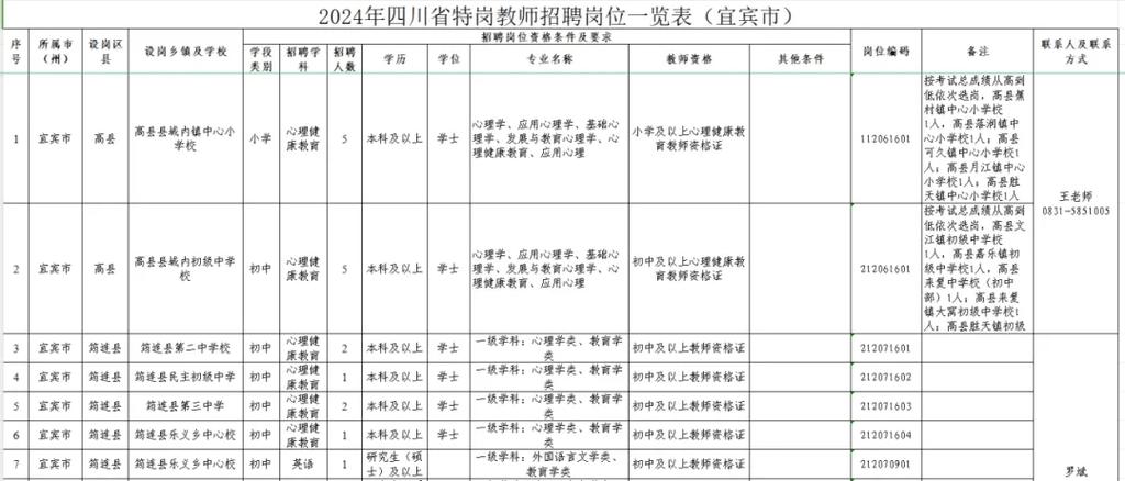 特岗教师岗位表备注栏实拍截图