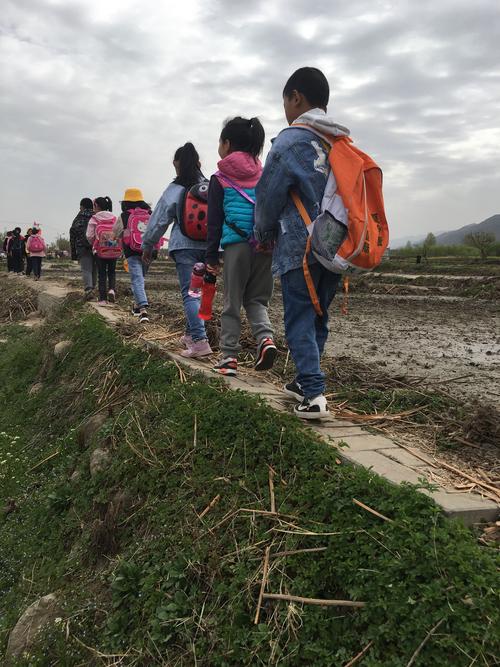 乡村村口石阶上放着的空儿童书包