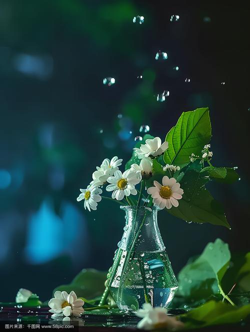 玻璃瓶收集草叶上的露水清晨光线下的实拍照片