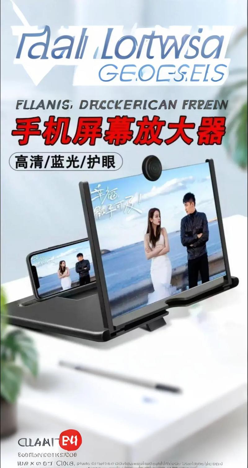 一个人用放大镜观察手机屏幕,屏幕上显示复杂的功能菜单