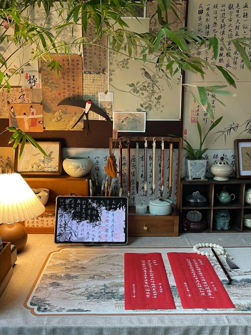 成年人利用碎片时间练字场景 办公桌摆文房四宝