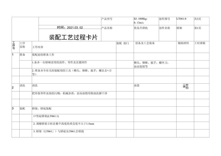 机械车间装配工序标准化记录卡