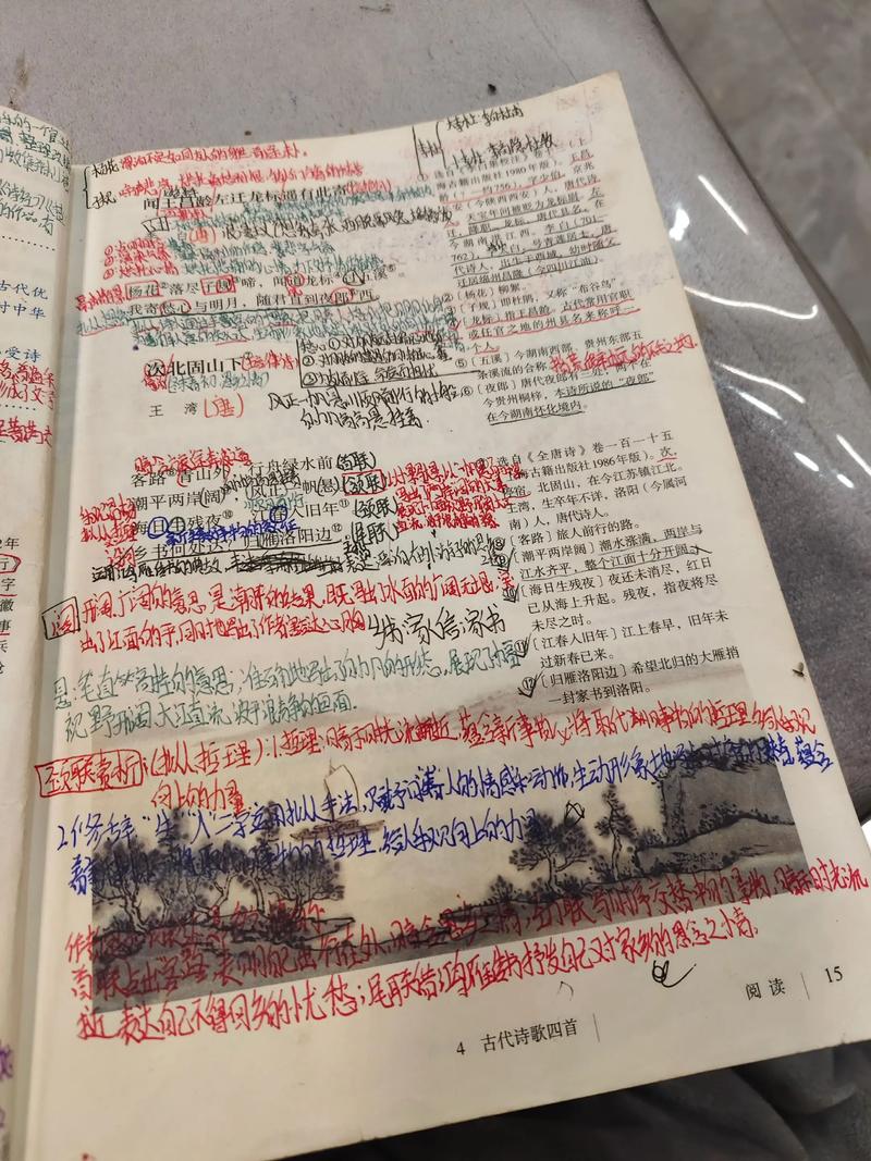 翻开的书本上密密麻麻的笔记和批注