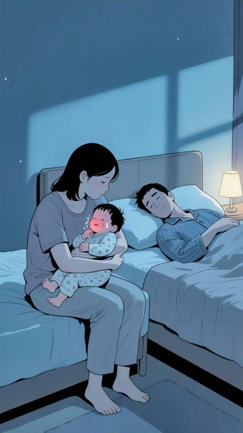 深夜妈妈抱着生病宝宝焦虑查看手机育儿互助社消息