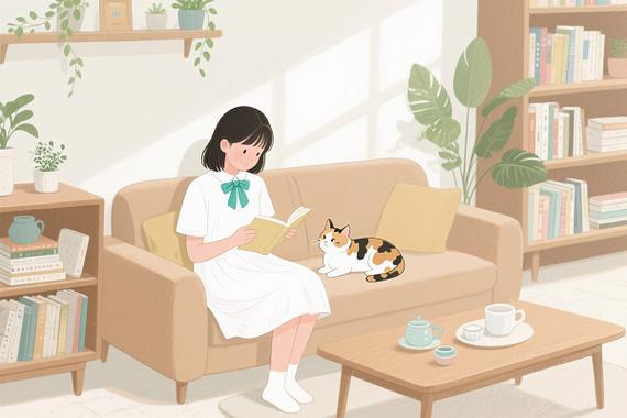 主人和宠物各坐沙发两端休闲看书场景图