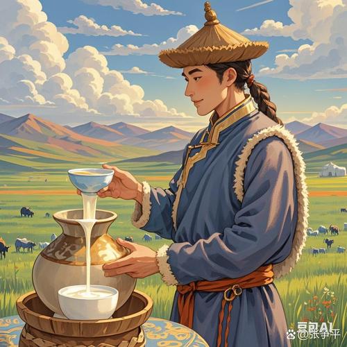 内蒙古牧民手工搅拌马奶酒发酵陶缸