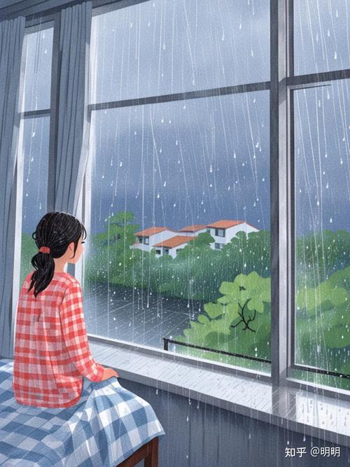 雨天阳台上孩子看窗户外落雨的画面