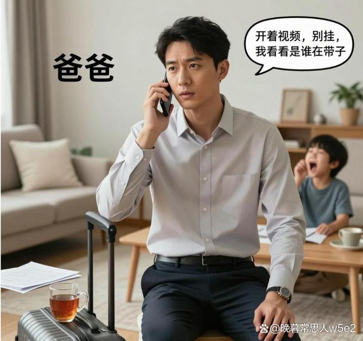 工业爸爸出差和孩子视频通话场景