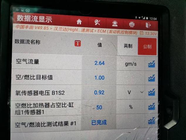 诊断仪读取氧传感器数据流界面实拍